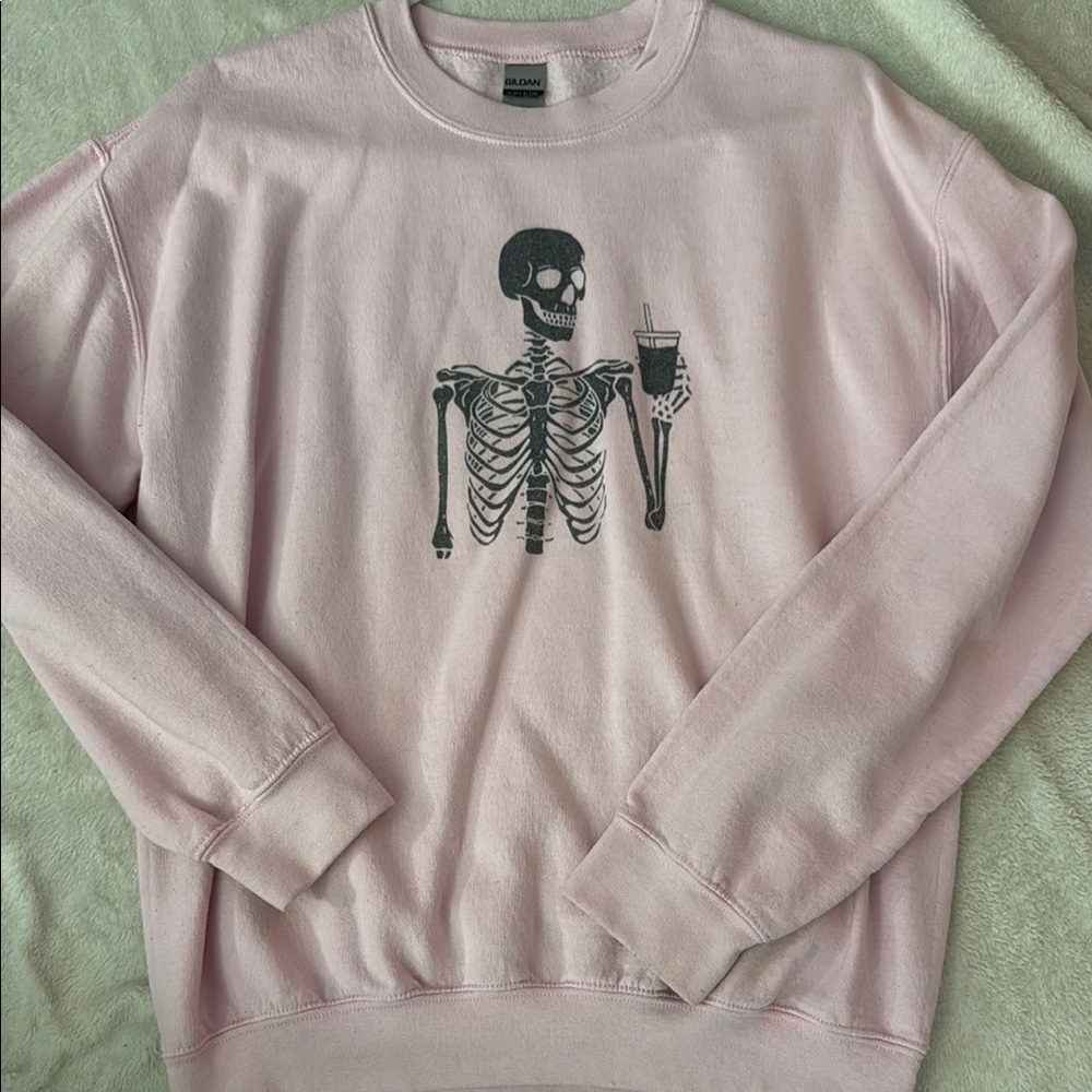 Etsy Pink Crewneck Sweater with Skeleton & Coffee Graphic